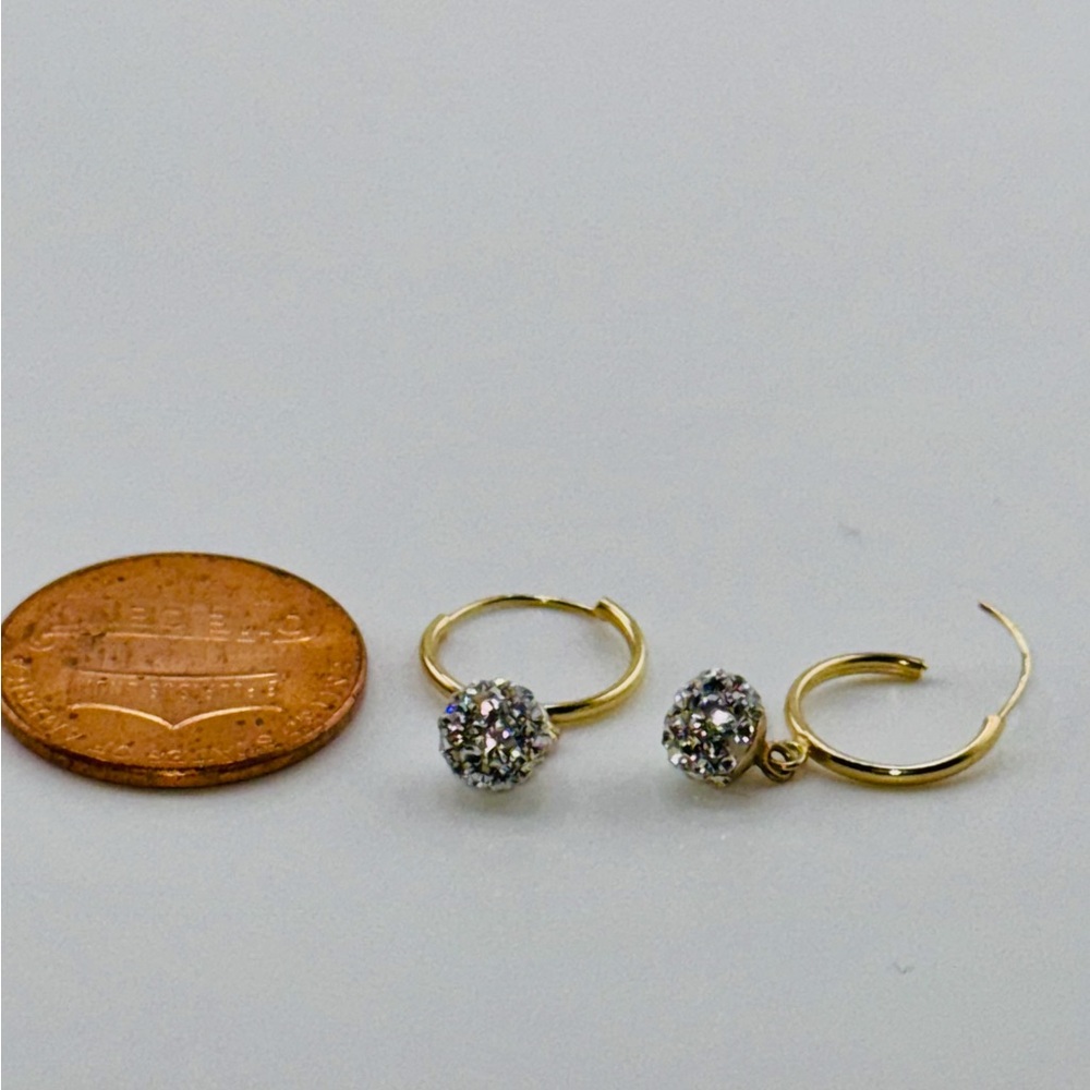 10K Solid Real Yellow Gold Dangling Hoop Earrings | Genuine Swarovski Crystal - Picture 4 of 6